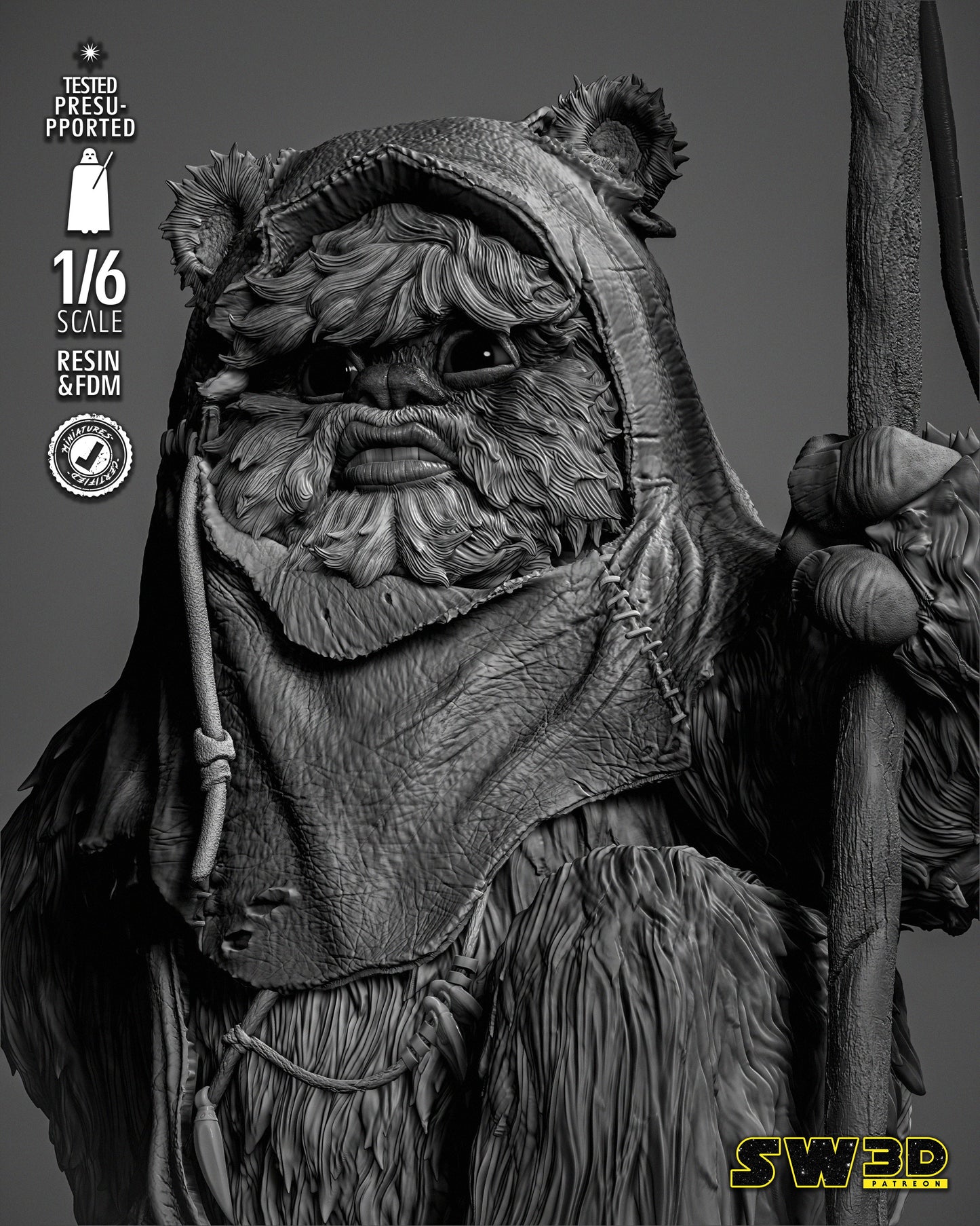 Ewok Sculpture #1 (Star Wars) Fan Art - 6th or 12th scale - 3D Printed