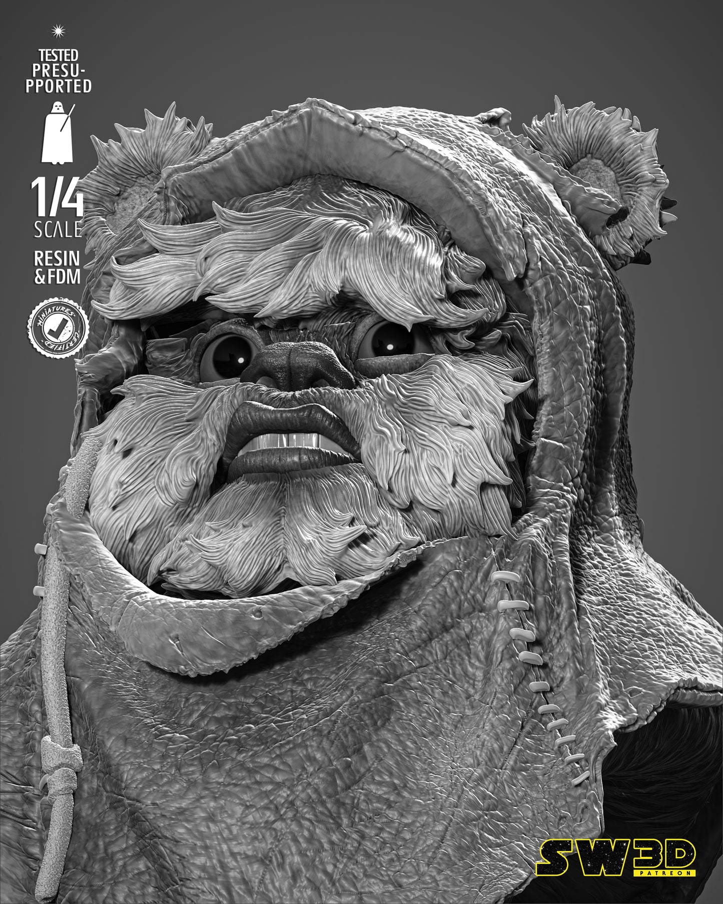Ewok Portrait Bust (Star Wars) Fan Art - 4th or 8th scale - 3D Printed