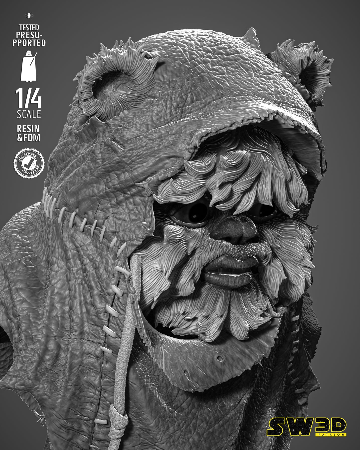 Ewok Portrait Bust (Star Wars) Fan Art - 4th or 8th scale - 3D Printed