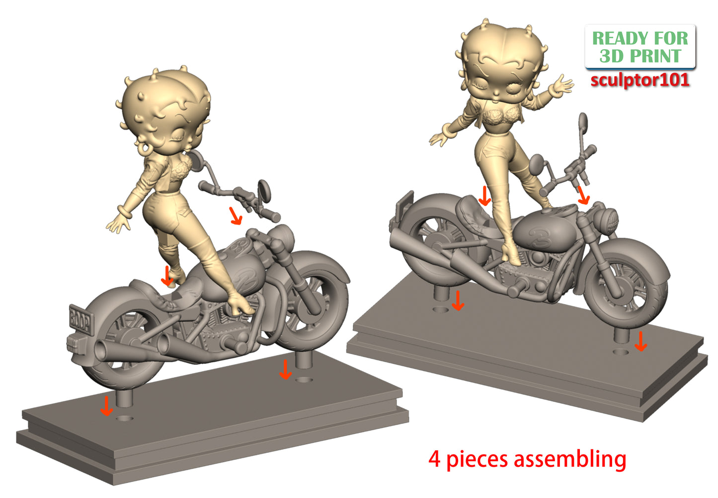 Betty Boop on Motorbike - Unpainted and Unassembled 3D Print Kit