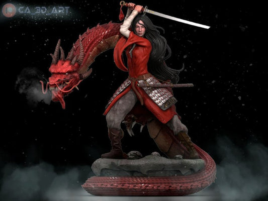 Mulan with Dragon (Fan Art) Sculpture - 266mm / 180mm- High Quality 3D Print