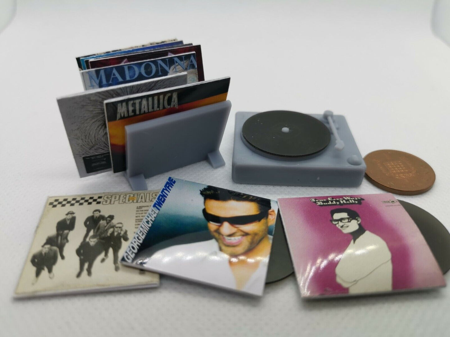Miniature 1/12th Record Player, LP Holder and selection of LP's (non playable)