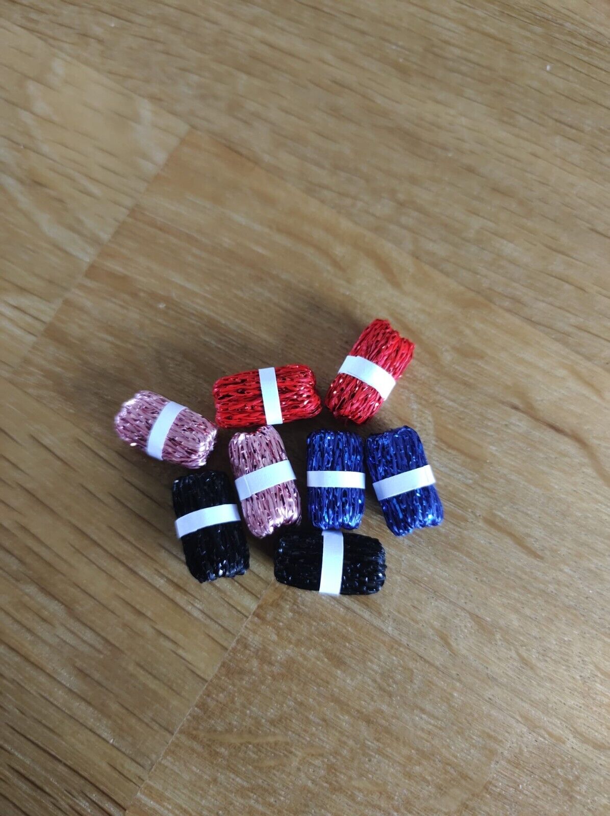 8 x Miniature Ball of Wool, Glittery Red, Pink, Blue and Black - Haberdashery