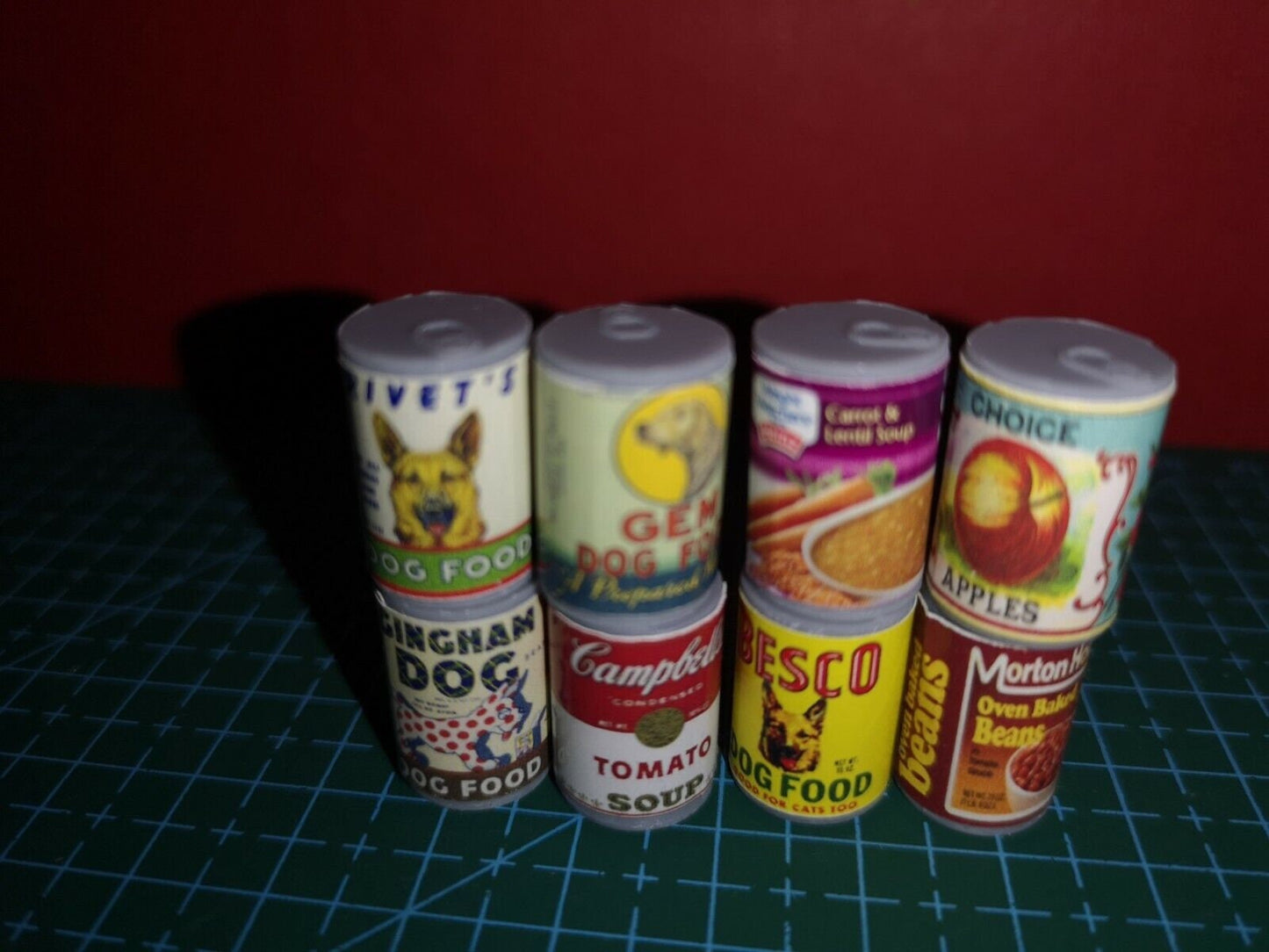 8 X dollhouse miniature food cans / tins. Pet food beans soup. Barbie food.
