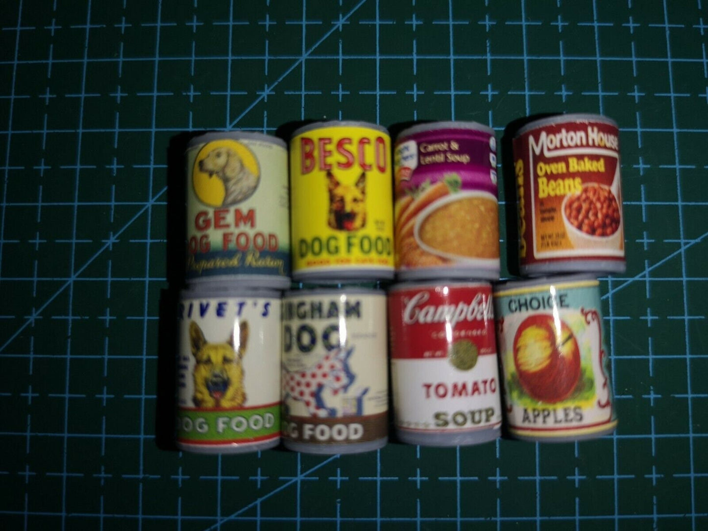 8 X dollhouse miniature food cans / tins. Pet food beans soup. Barbie food.