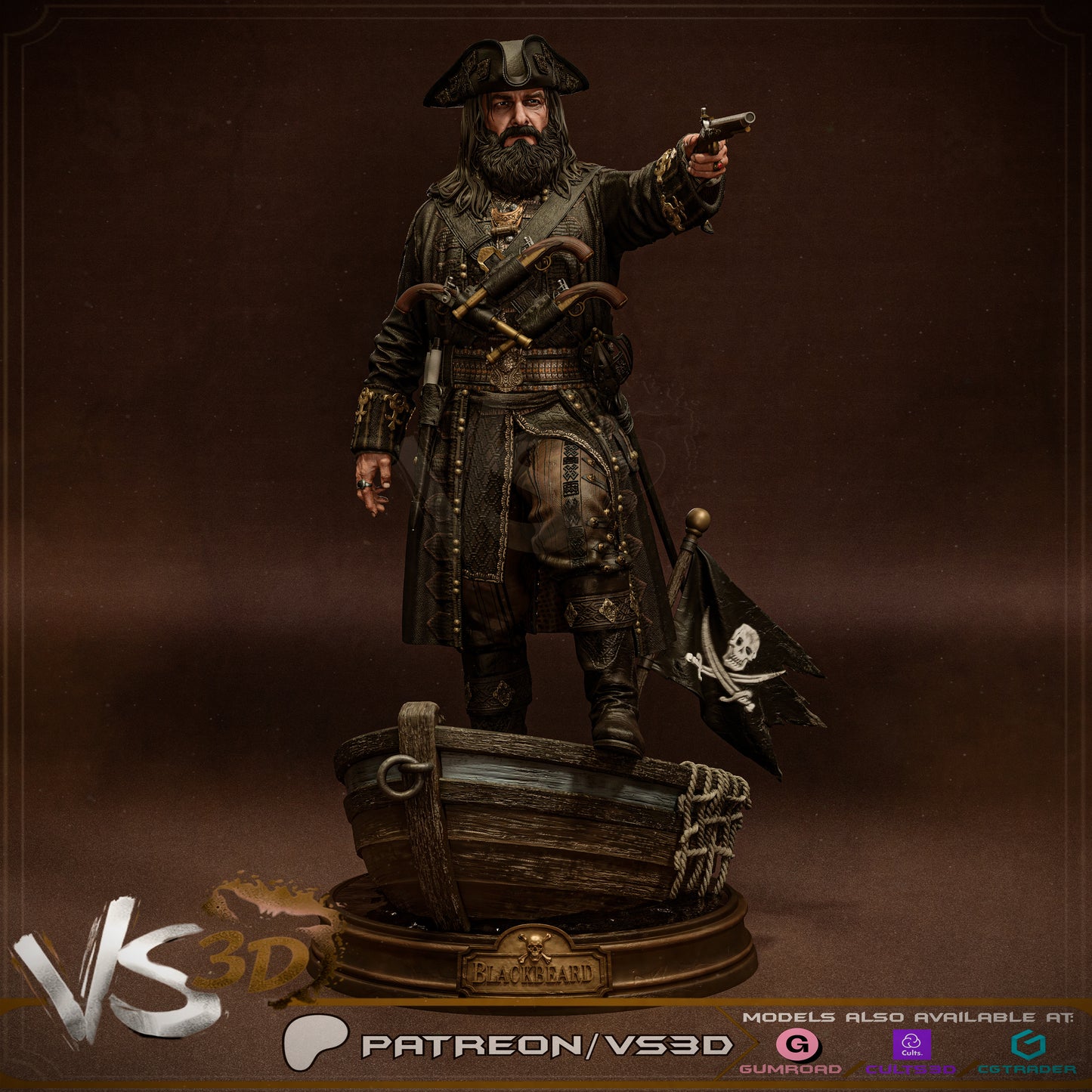 Black Beard - Edward Teach - 3D Printed Statue - 10 Scale