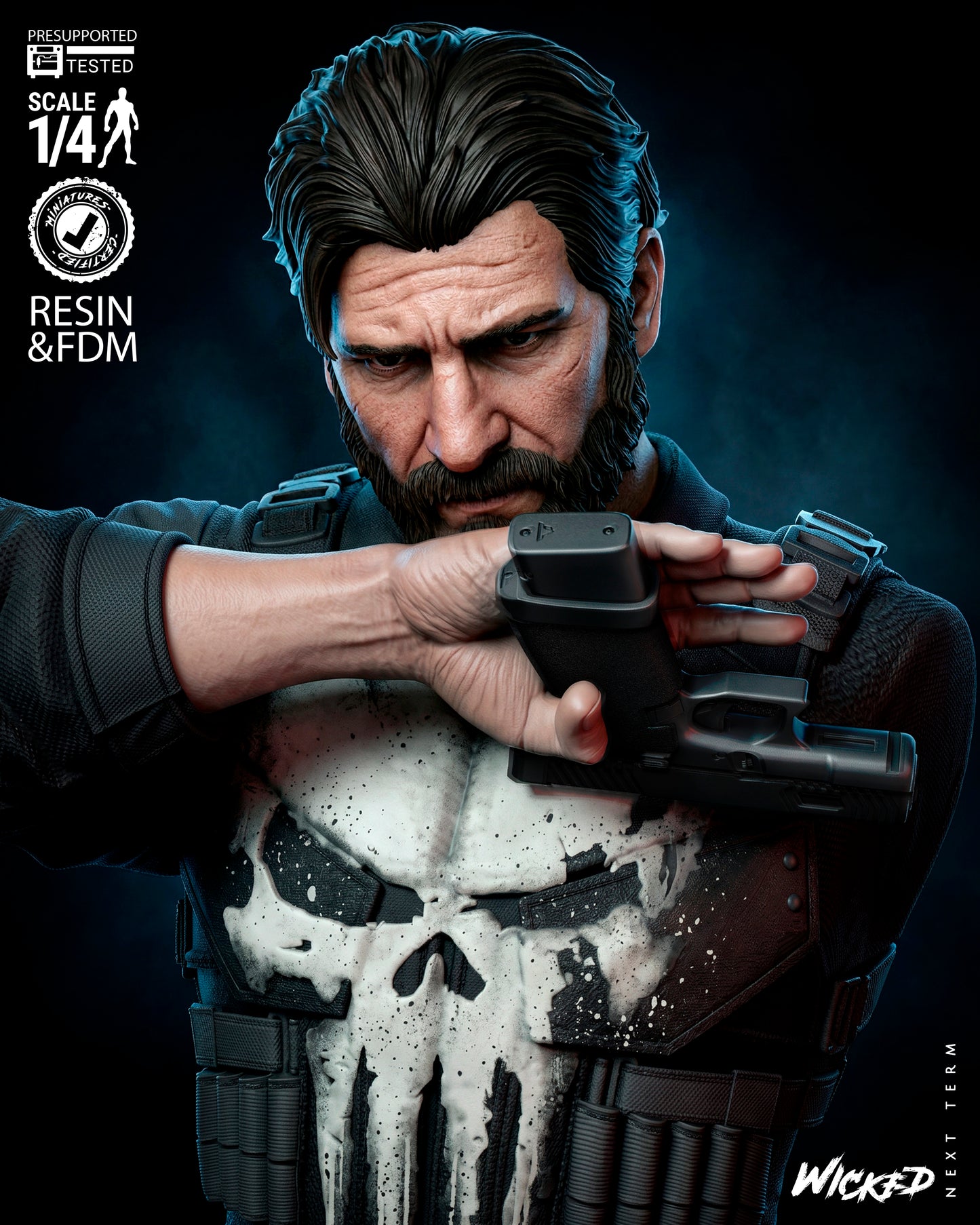 The Punisher Bust -3d Printed Model Kit - Fan Art 4 or 8 Scale