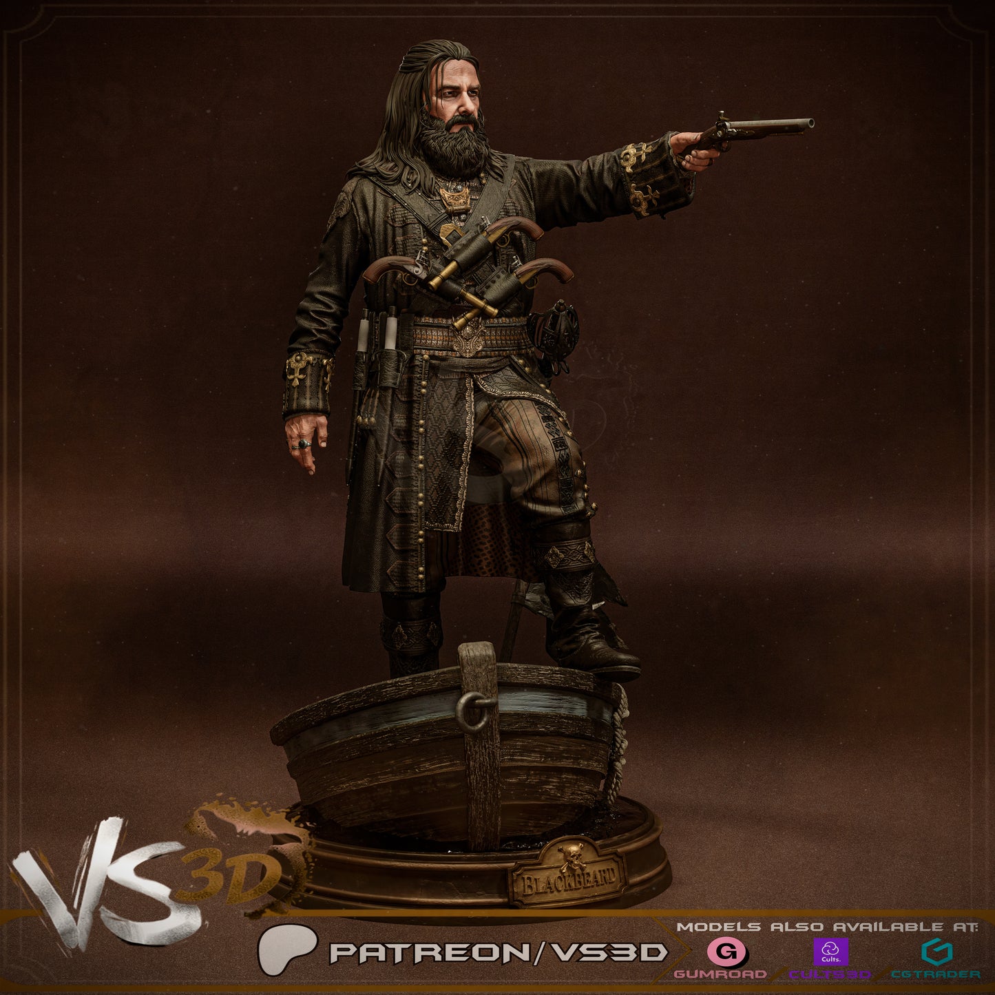 Black Beard - Edward Teach - 3D Printed Statue - 10 Scale
