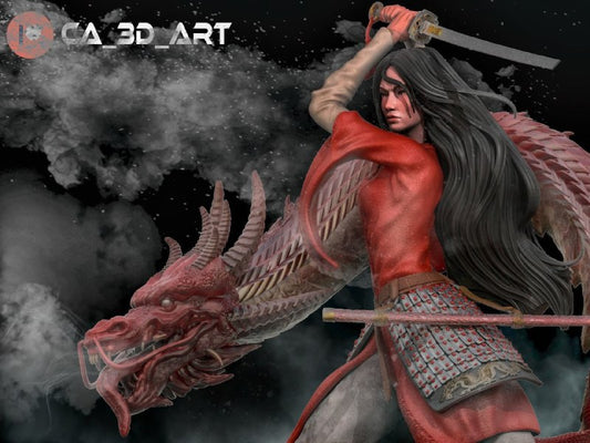 Mulan with Dragon (Fan Art) Sculpture - 266mm / 180mm- High Quality 3D Print