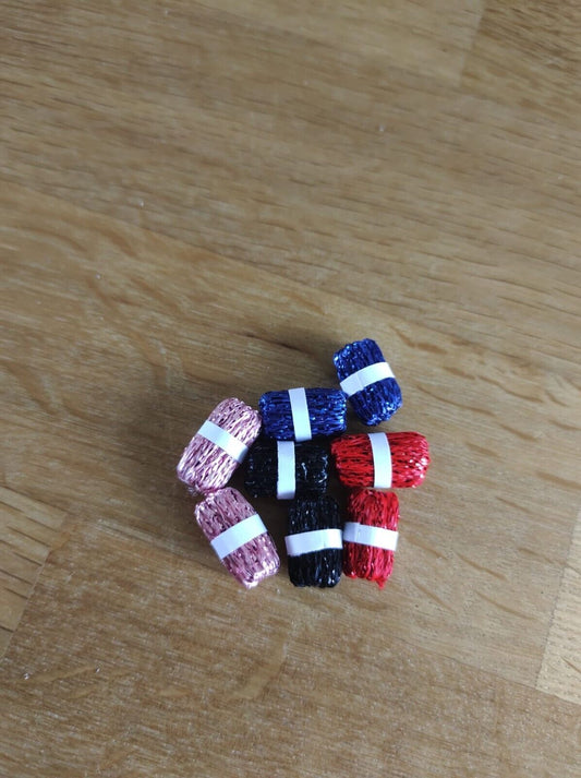 8 x Miniature Ball of Wool, Glittery Red, Pink, Blue and Black - Haberdashery