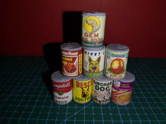 8 X dollhouse miniature food cans / tins. Pet food beans soup. Barbie food. Mix