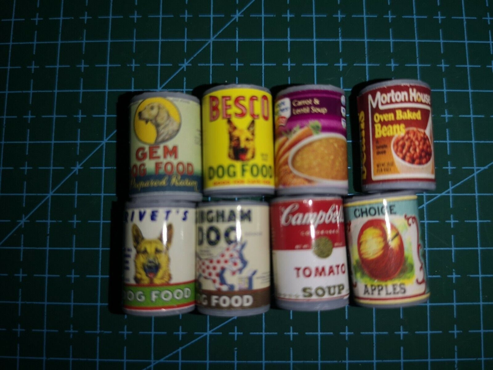 8 X dollhouse miniature food cans / tins. Pet food beans soup. Barbie food. Mix